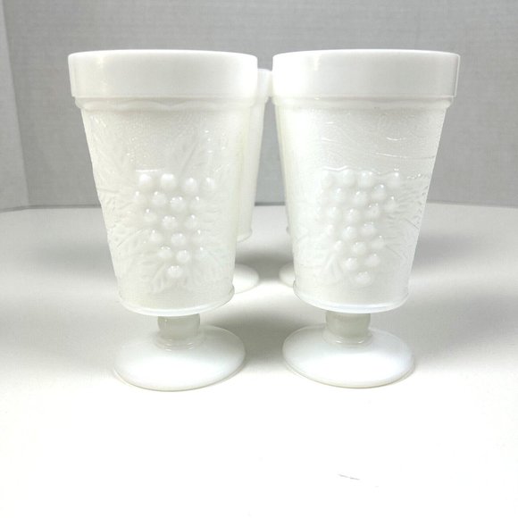 Vintage Set of 4 White Milk Glass Footed Goblets Grapes & Leaves Pattern - Picture 2 of 8